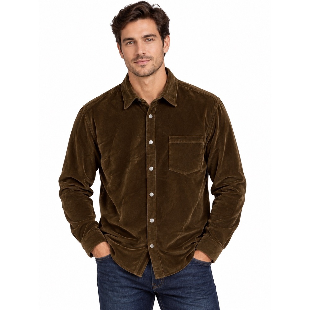 COOFANDY Mens Velvet Snap Button Down Shirt Long Sleeve Olive Brown Large NEW